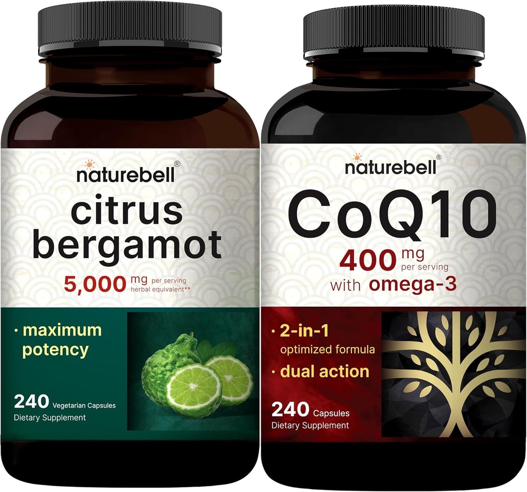 NatureBell CoQ10 400mg Kapseln mit Omega 3 Fettsäuren & Citrus Bergamotte Veggie Kapseln 5.000 mg Equivalent Bundle Pack | Stabile hohe Absorptionsform | Hoher Antioxidans Level