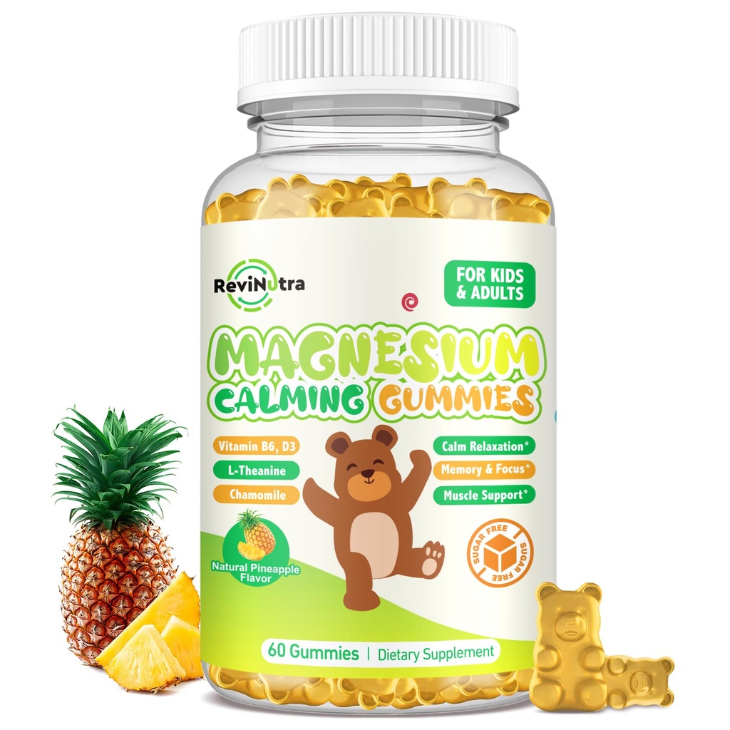 Gommies de magnésium pour enfants - Supplément Glycinate de magnésium avec L-Theanine, vitamine B6, D3 pour adultes et enfants, Magnésium calme pour le sommeil, relaxation, cerveau, os, ananas sans sucre 60ct