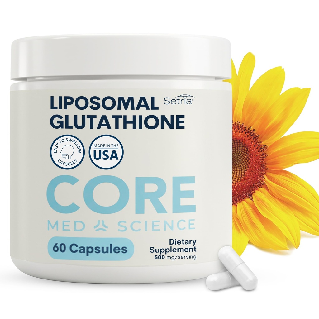 Core Med Science Liposomal Glutathione Supplement (500mg, 60 Kapseln) - Pure Reded Setria mit Phospholipid-Komplex - Antioxidante Ergänzung für Energie, Gehirngesundheit, Haut und Leber Gesundheit