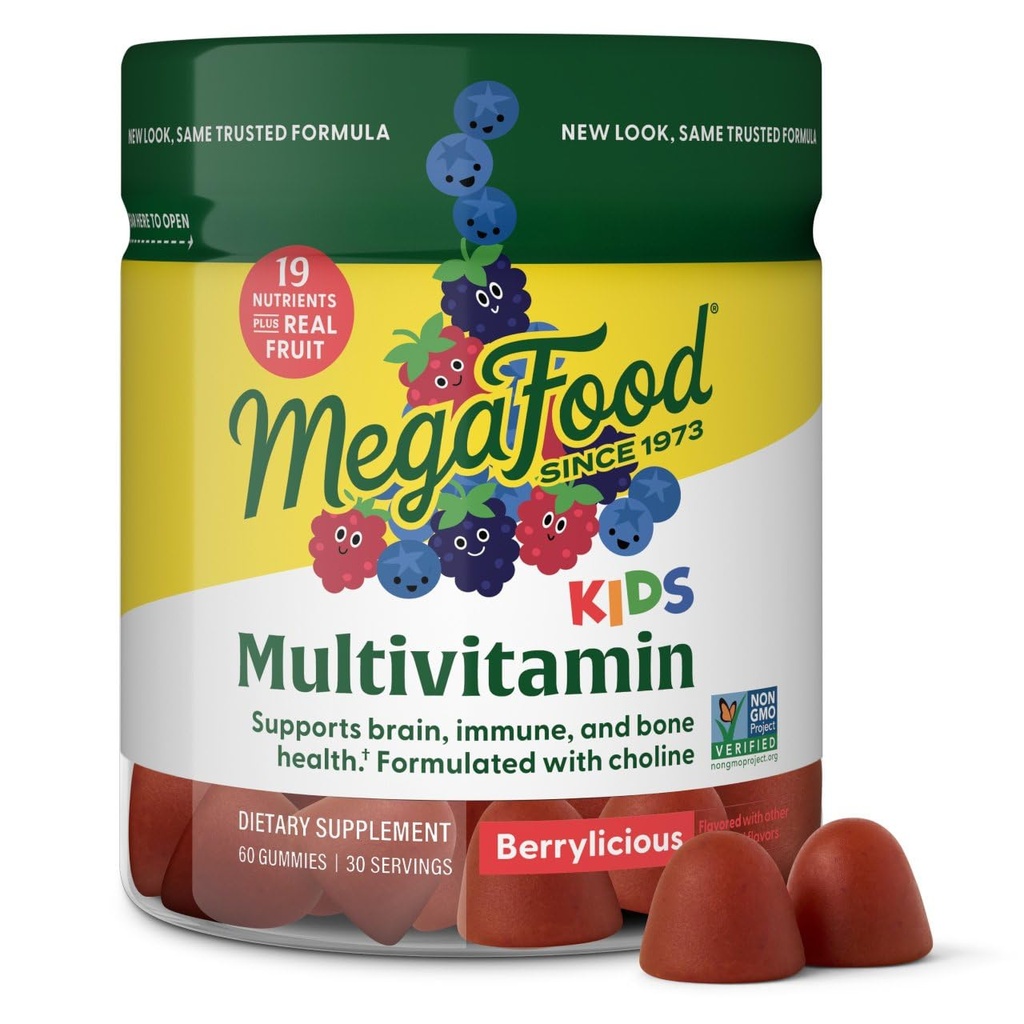 MegaFood Kids Multivitamin Gummis - Kinder Vitamine - Alter 4+ mit Vitamin C, Vitamin D, Zink, Choline und Real Fruit - Gehirn- und Immununterstützung - Berrylicious Flavor - 60 Gummis (30 Servietten)