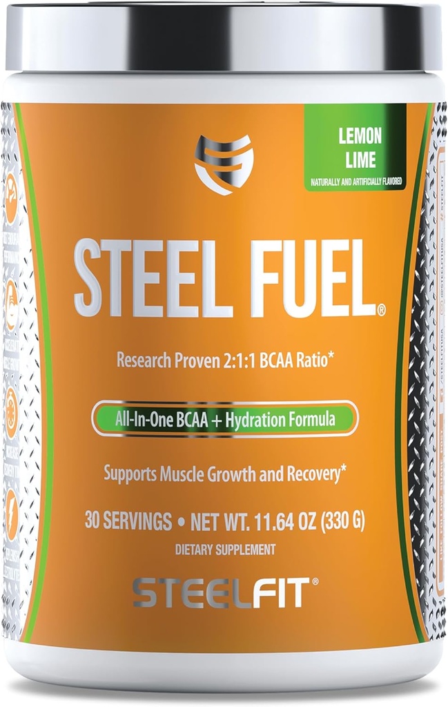 SteelFit Steel Fuel BCAAs Amino Acids Powder for Intra-Workout, um Muskelwachstum und verbesserte Ausdauer zu beschleunigen - 30 Servierungen in Lemon Lime - BCAA ergänzt Pulver für Elektrolyte und Erholung