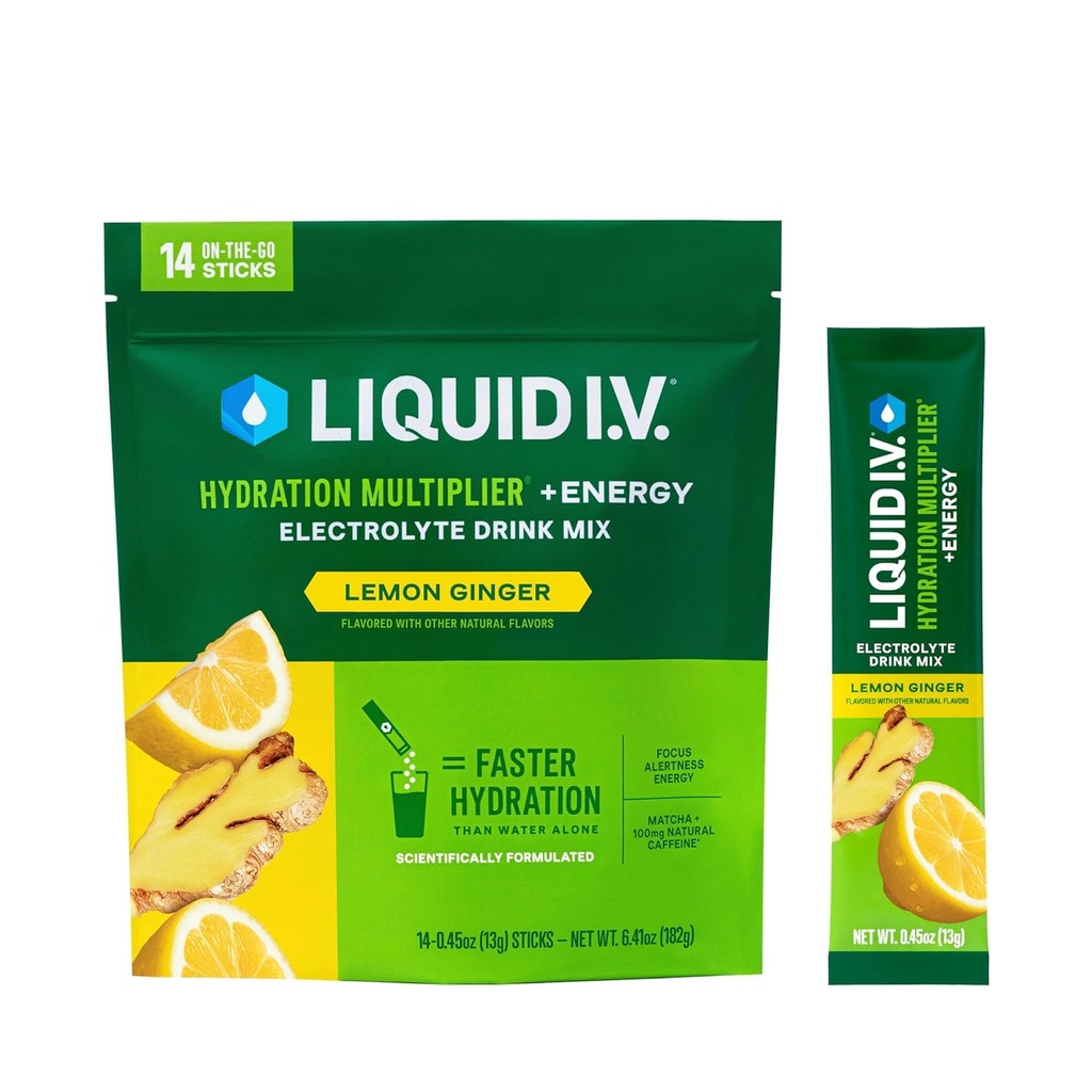 Liquid I.V.® Hydration Multiplier +Energie - Lemon Ginger | Elektrolytpulver-Getränkmischung | 1 Packung (14 Servierungen)