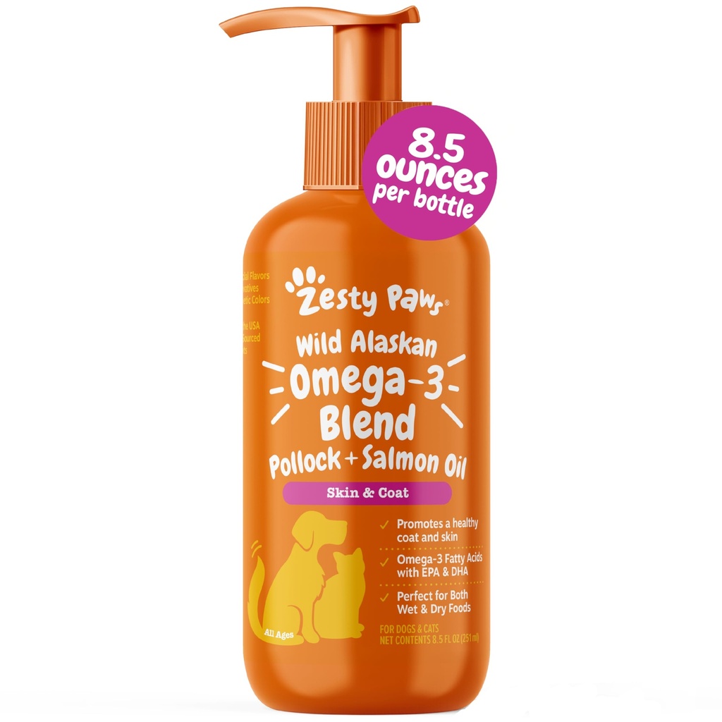 Zesty Paws Wild Alaskan Omega-3 Blend Pollock + Lachsöl für Hunde und Katzen- Haut und Mantel Unterstützung, Omega 3 Ergänzung für Haustiere, 8,5oz