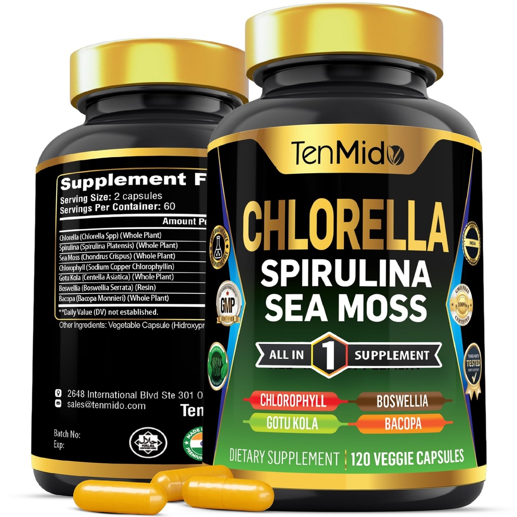 Supplément Chlorella pour les hommes et les femmes - Formule 7in1 avec spiruline, mousse de mer, chlorophylle, Gotu Kola, Boswellia & Bacopa - Soutien immunitaire - Riche en nutriments, vitamines - 120 capsules