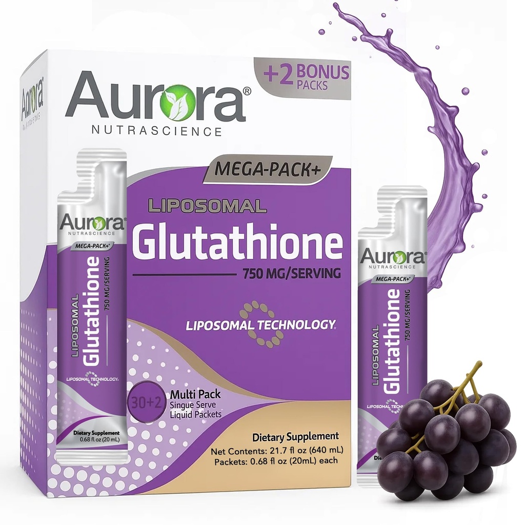 Aurora Nutrascience Glutathion liquide Mega-Liposomal, Immune et antioxydant Gut Supplément de soutien de la santé, 750 mg par portion, non-OGM, sans sucre, 32 paquets de service unique