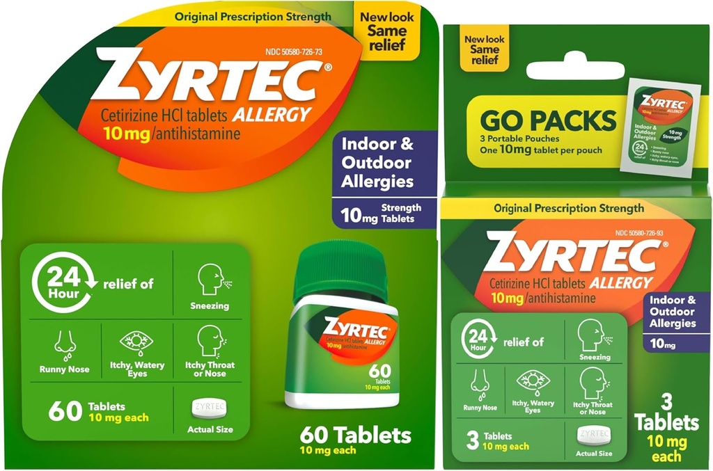 Zyrtec 24 Hour Allergy Relief Tabletten, Indoor und Outdoor Allergy Medizin mit 10 mg Cetirizine HCl pro Antihistamin Tablet, Bundle Pack, 60 ct + 3 ct Travel Packs, 63 Count