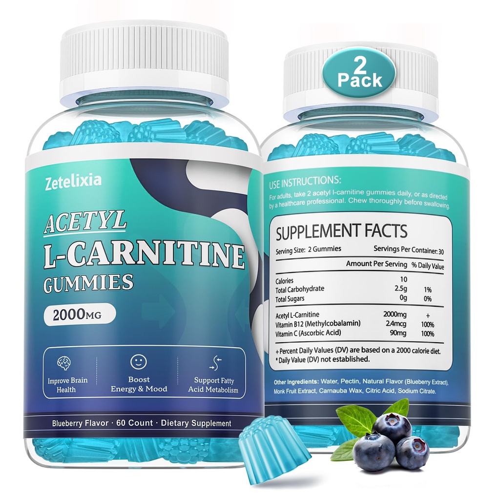 2 Pack Sugar Free Acetyl L-Carnitin Gummies, L-Carnitin Ergänzung für Frauen & Männer, mit Vitamin C & B12, ALCAR für Energie, Gehirn & Herz Gesundheitsunterstützung, Vegan, Non-GMO, 120 Count
