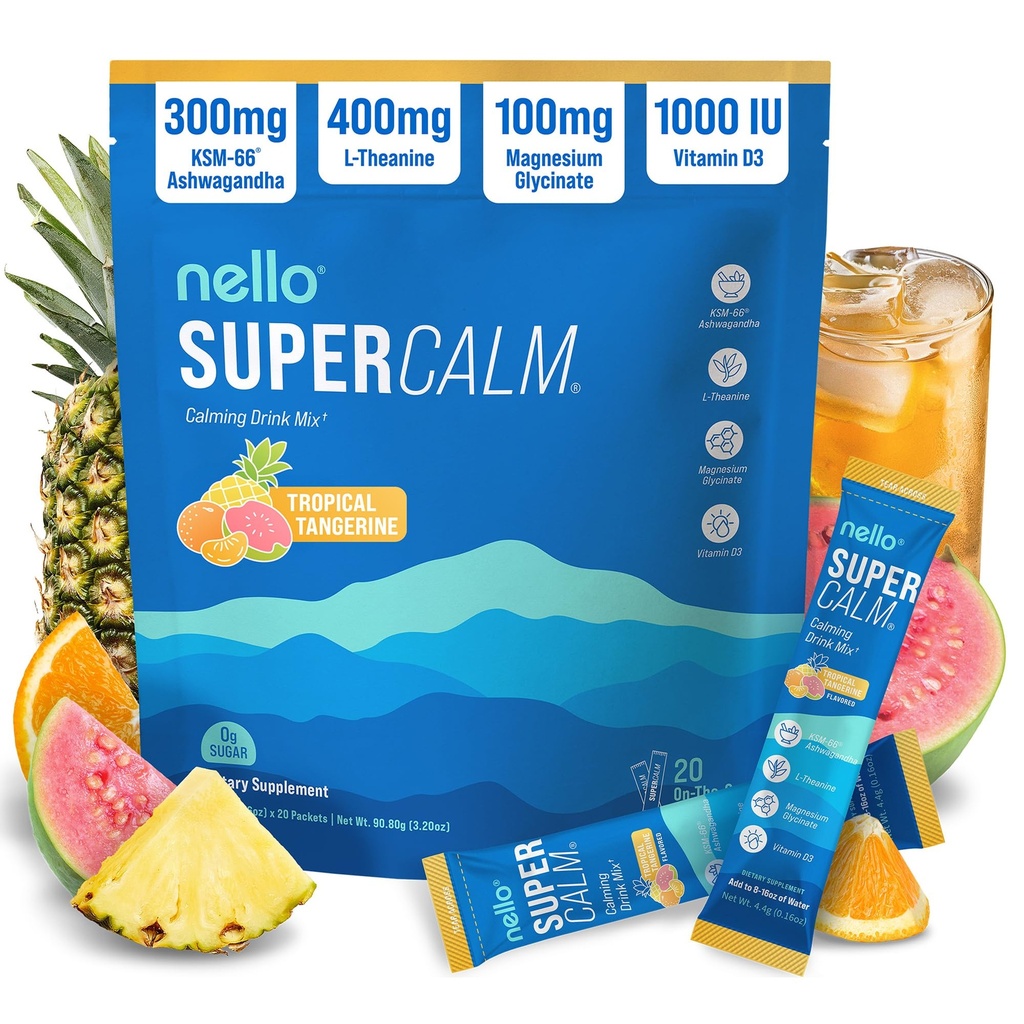 Nello Supercalm Powdered Drink Mix, Tropical Tangerine, L Theanine, Ksm-66 Ashwagandha, Magnesium Glycinate, Vitamin D 3, Nahrungsergänzungsmittel für Entspannung & Fokus, Natürlich, kein Zucker, Non GMO, 20 Srvg