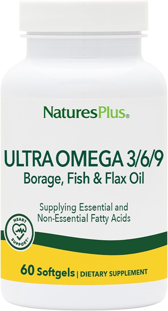 Natures Plus Ultra Omega 3 6 9-1200 mg, 60 Softgels - Borage Oil, Fish Oil, Flax Oil Supplement, Glutenfrei - 60 Portionen