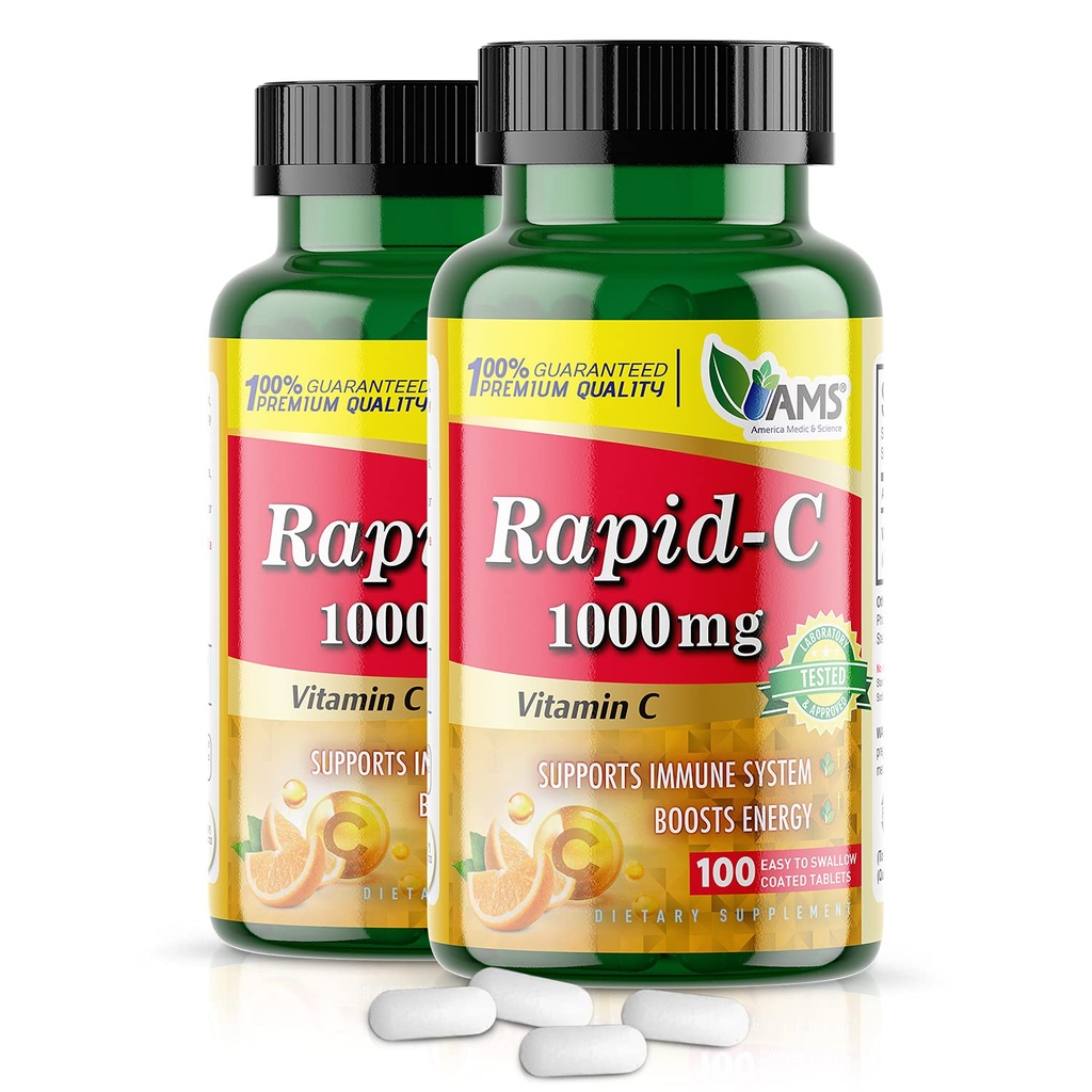 Amerika Medic & Science Rapid-C 1000mg Vitamin C Supplement (2 Packung mit 100 Tabletten) Energy Booster, Tägliche Immunsystem Unterstützung, Antioxidans | Vegan, Non-GMO beschichtete Ascorbinsäure für Erwachsene Männer & Frauen