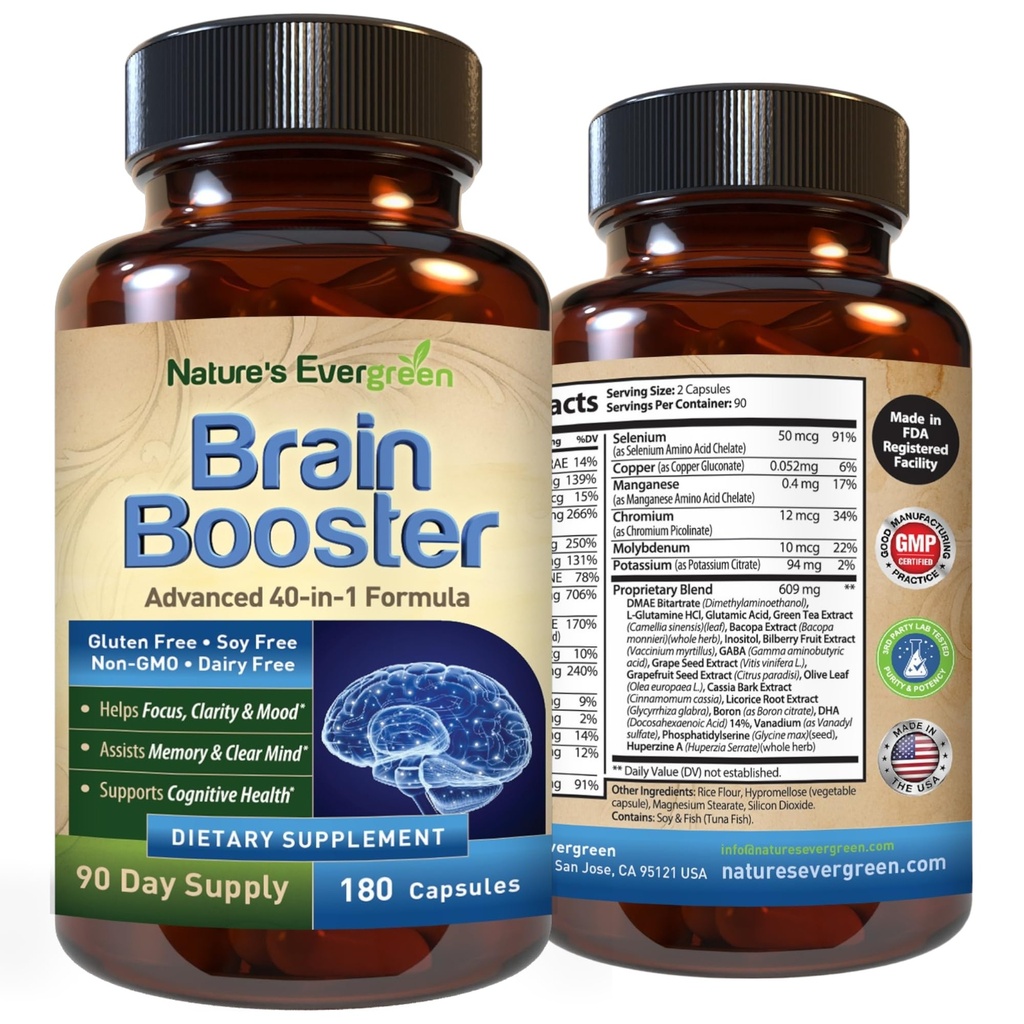 Supplément de Formule Brain Booster 40-en-1 pour Focus, Mémoire, Clarté, Énergie pour les hommes et les femmes, Soutien Nootropique Fonction cognitive avec DMAE, Formule Santé du cerveau (180 capsules - 90 jours d'approvisionnement)