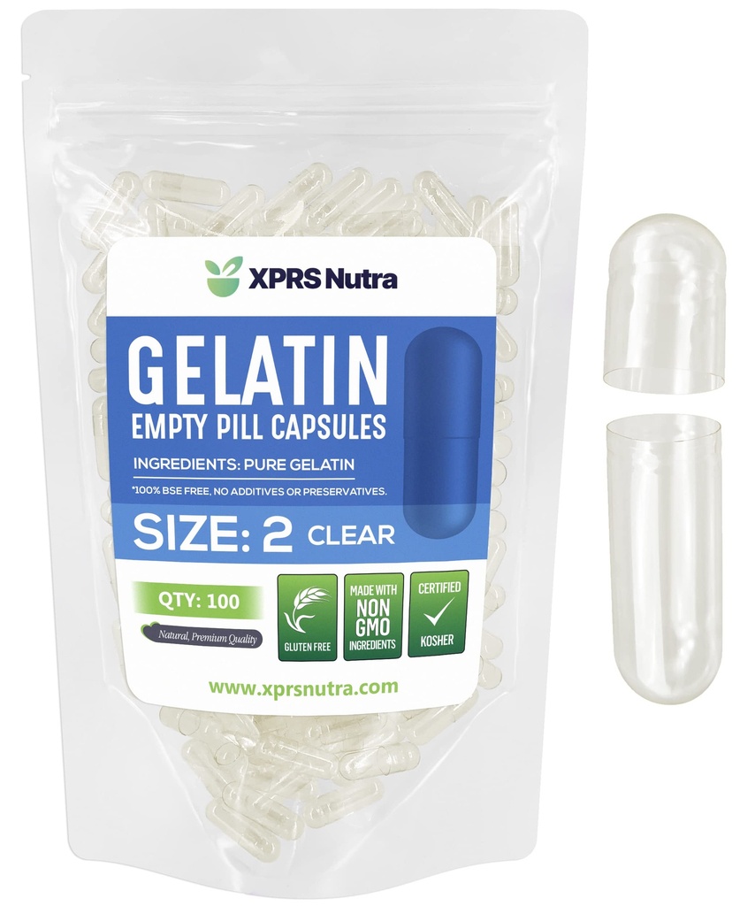 XPRS Nutra Size 2 Capsules vides - 100 Comptabilité Capsules vides de gélatine - Pills Bricolage Capsule Remplissage - Pure Pilule Gel Caps pour Do-It-Youlf Suppléments