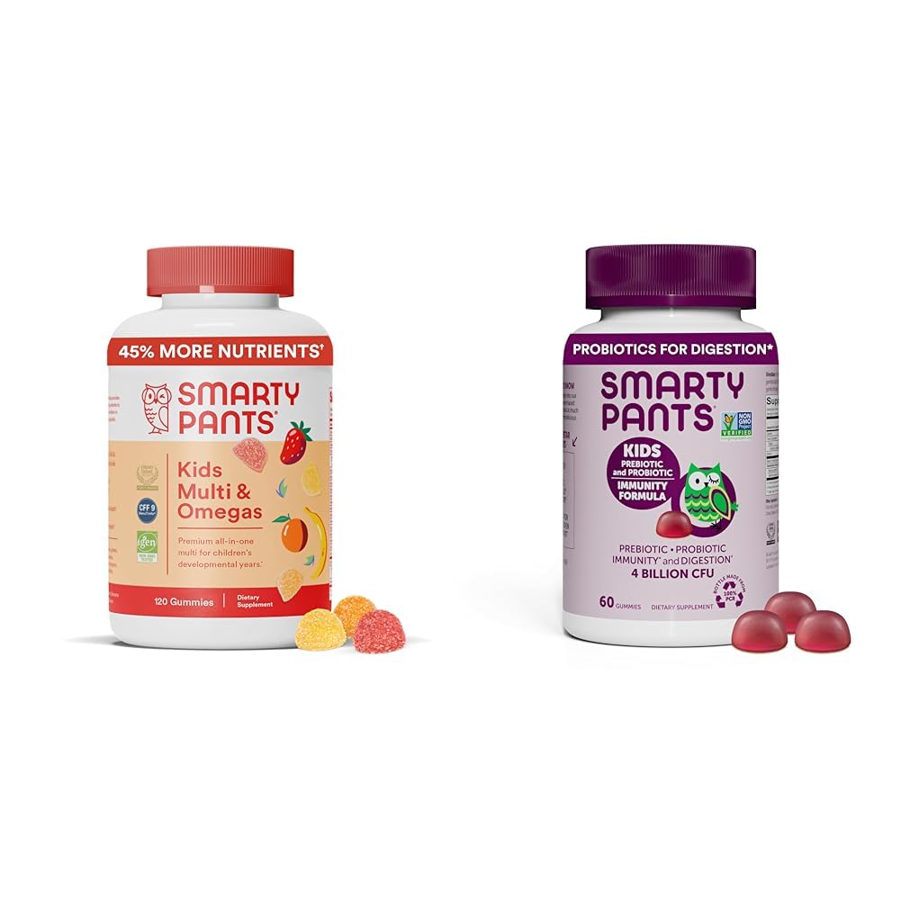SmartyPants Gummies multivitamines pour enfants et ensemble d'immunité probiotique: Omega 3 Huile de poisson (EPA/DHA), vitamine D3, C, vitamine B12, B6, supplément de soutien digestif et immunitaire (30 jours)