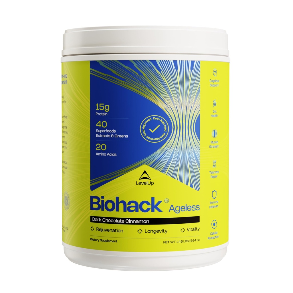 LevelUp Biohack Sans âge: Colostrum Collagen Superfoods Antioxydants Spermidine Amino Acides Créatine pour les femmes et les hommes, Rejuvenation corporelle totale (cannelle au chocolat foncé)
