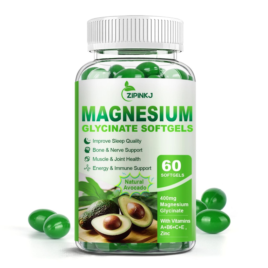 Glycinate de magnésium 400mg, supplément de magnésium à haute absorption Softgels avec vitamine E, B6, zinc pour le sommeil, calme, relaxation musculaire et santé des os, sans gluten, sans OGM, 60 softgels