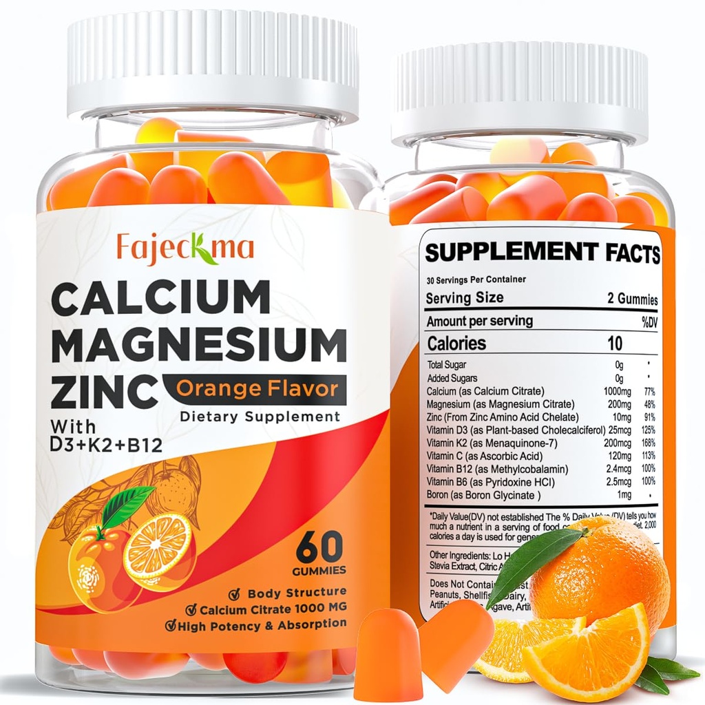 Calcium Magnésium Zinc Gommies pour Adulte: Biologique 1000mg Citrate de calcium supplément de magnésium avec D3 B12 - Supplément sans sucre haute absorption pour les femmes hommes (60 comte(paquet de 2))