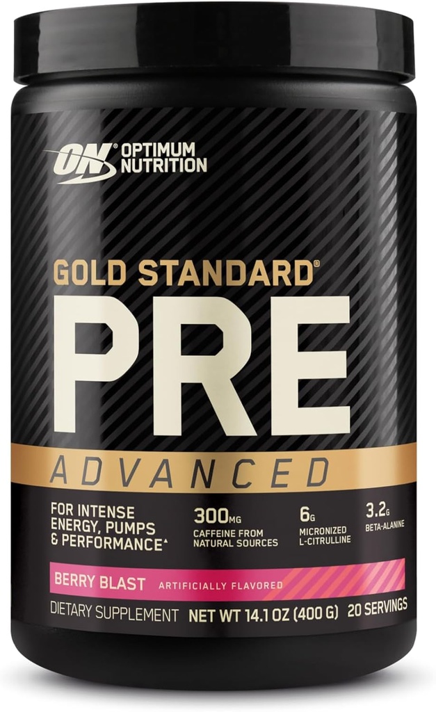 Optimum Nutrition Gold Standard Préentraînement avancé, avec Créatine, Beta-Alanine, Micronized L-Citrulline et Caféine pour l'énergie, Keto Friendly, Berry Blast, 20 portions