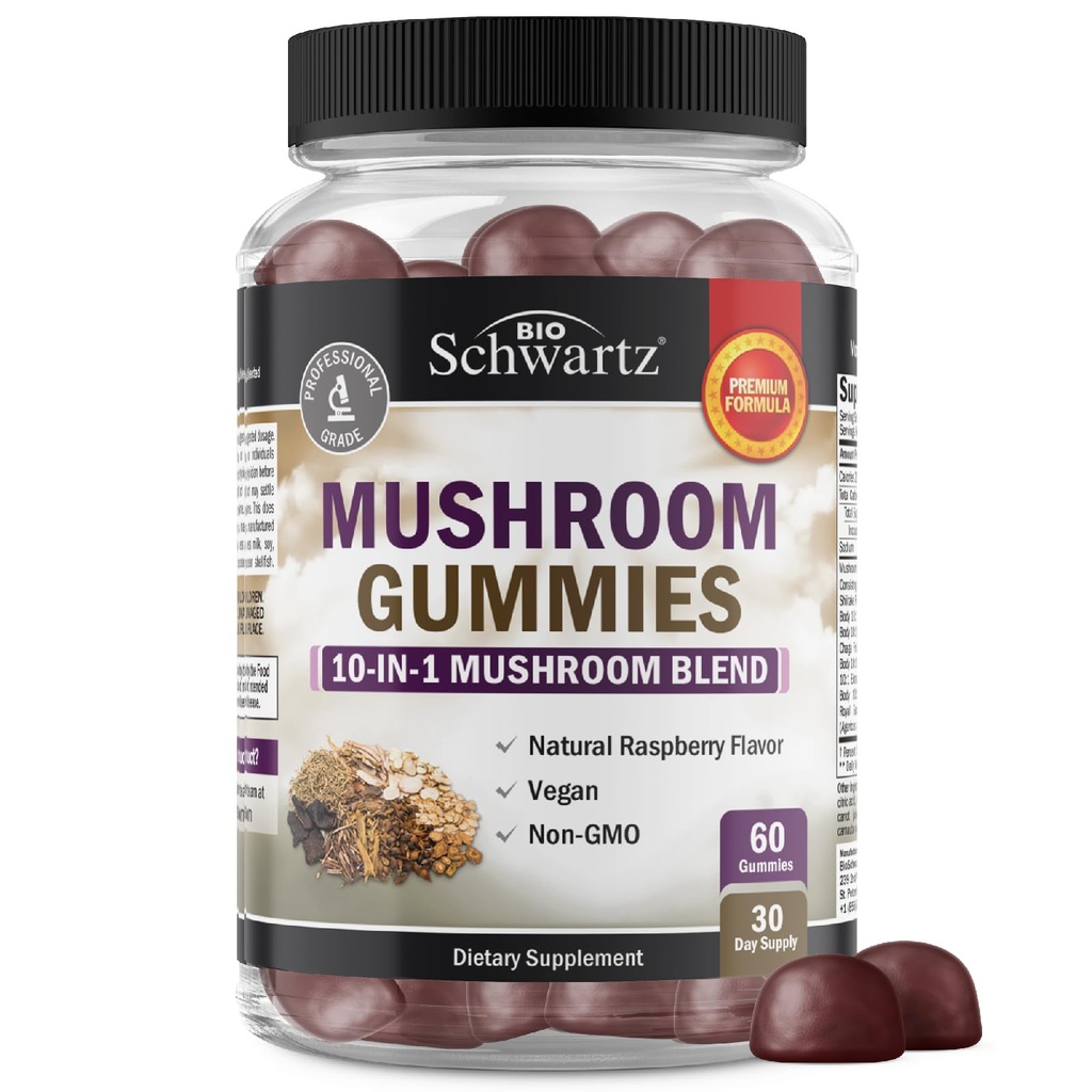 Pilzgummis für Erwachsene - 10-in-1 Funktionsmushroom Ergänzung für Stimmung und Fokus mit Lions Mane Türkei Tail Cordyceps Shiitake Reishi - Vegan, Non-GMO, Frische Himbeere Geschmack, 60 Zähler