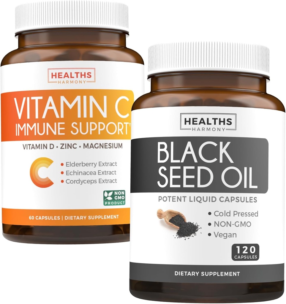 Black Seed & Vitamin C (2-Month Supply) Complete Defense Immune Bundle of Black Seed Oil - Nigellia Sativa Cold-Pressed Cumin Seed (120 Kapseln) & Vitamin C Immune Support (60 Vegetarische Tabletten)