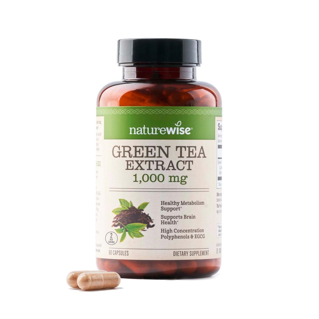 NatureWise Green Tea Extract Kapseln 1000 mg - 50% EGCG & 98% Polyphenole - Extra Strength Green Tea Pills - Antioxidantien für Herzgesundheit & Energie - Vegan, Non-GMO - 60 Count[30-Day Supply]