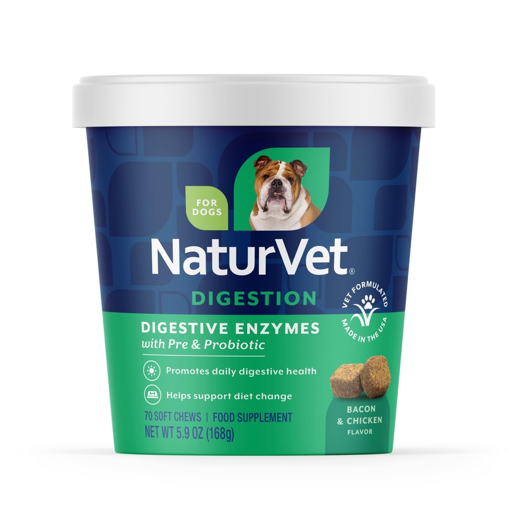 NaturVet – Verdauungsenzyme – Plus Probiotics & Prebiotics – unterstützt Ernährungsveränderungen und gesunde Verdauungstrakte – für Hunde (Soft Chews, 70 Count)