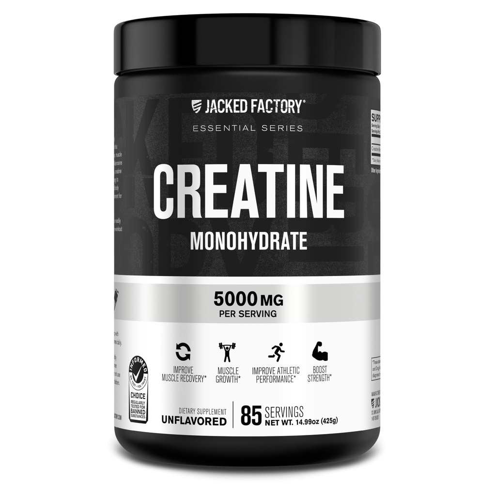 Jacked Factory Creatine Monohydrate Powder 425g - 5g Daily Micronized Creatine Monohydrate for Men and Women, Vegan-Friendly, Third-Party Tested - 85 Servings, Unflavored
