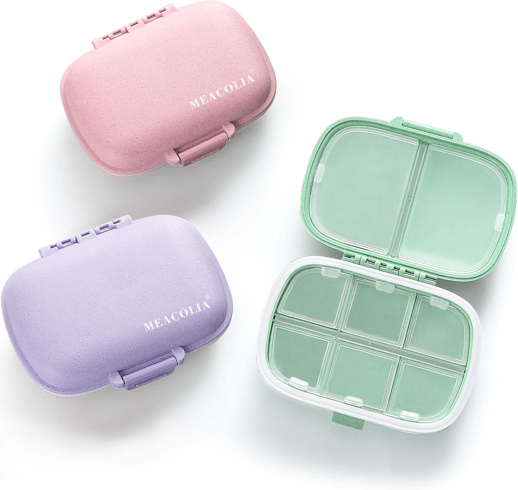MEACOLIA 3 Pack 8 Compartments Travel Pill Organizer, Daily Pill Case Small Pill Box für Pocket Purse, Portable Pille Container Medizin Vitamin Organizer (Purple, Green, Pink)