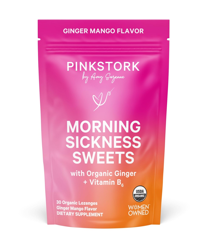 Pink Stork Maladie du matin Sweets, Gingembre de mangue biologique Candy avec vitamine B6 pour la maladie du matin, maladie du mouvement, brûlures d'estomac prénatales - La grossesse doit avoir - 30 gouttes enrobées