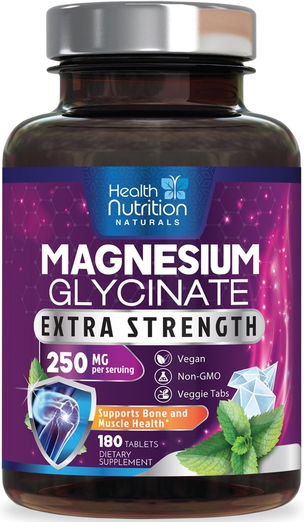 Magnésium Glycinat 250mg - 100% Magnésium chélaté pour l'absorption maximale - Soutien du sommeil, Muscle, Nerves, Bone & Heart Health Support, Meilleur supplément Mag, Vegan Non-OGM, 3ème partie testée - 180 comprimés