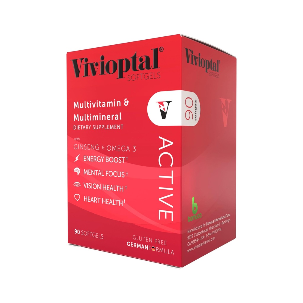Vivioptal Active, 90 Softgels, Ginseng et Omega 3, Multivitamine et multiminérale, sans gluten, formule allemande