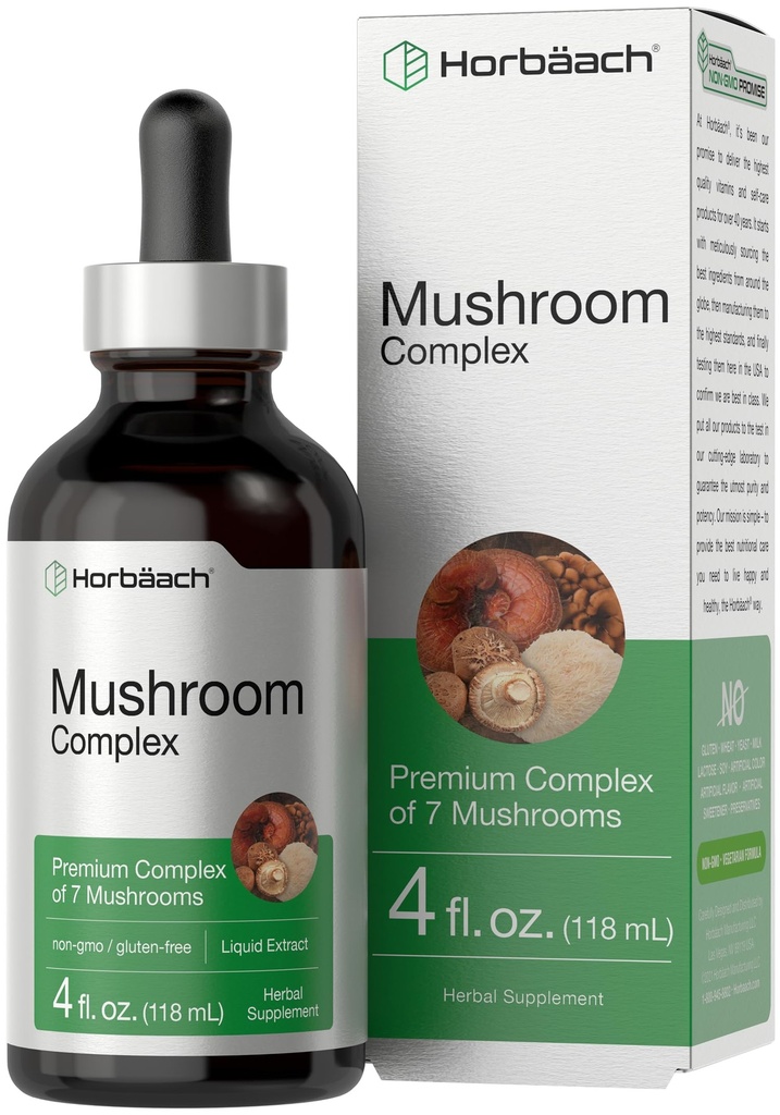 Horbäach Mushroom Complex | 4 Fl Oz Kräuterflüssigkeit Tropfen | Lion's Mane, Reishi, Shiitake, Chaga, Cordyceps, Maitake, und Oyster Mushroom Supplement Blend | Vegetarian | Non-GMO, Glutenfreie Formel