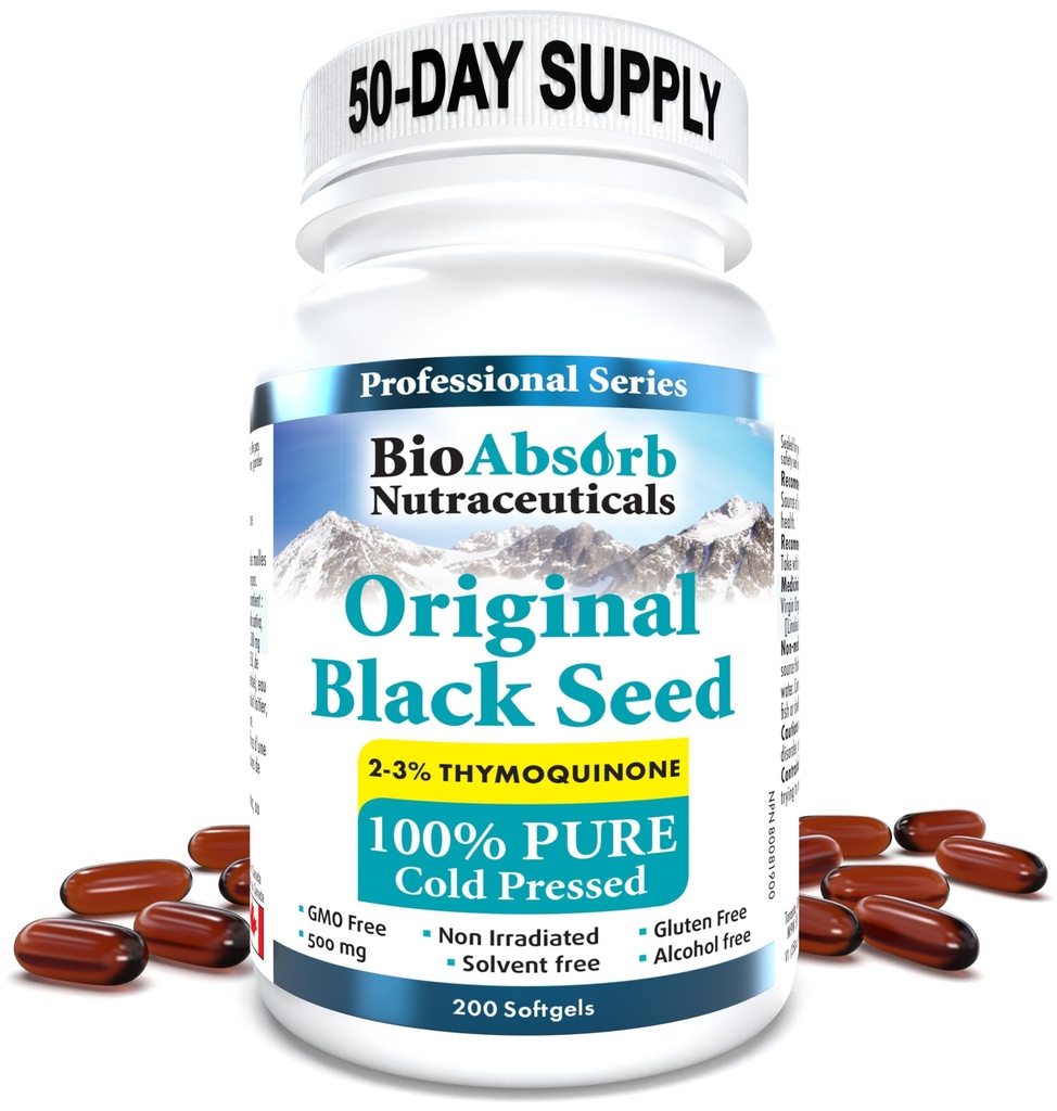 Bio Absorb Black Seed Oil Capsules pressées à froid. 200 softgels, 500mg (approvisionnement de 50 jours). Pas d'arrière-goût.