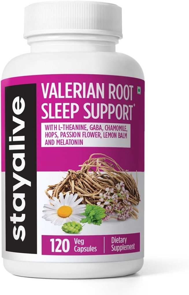 STAY ALIVE Valerian Root Capsules, 8-in-1 Extrakt w/Melatonin, Passion Flower, L-Theanin, Zitronenbalsam, Hopfen Blume, Kamille & GABA, 120 Valerian Pillen, Non-GMO & Gluten-freie natürliche Schlafergänzung