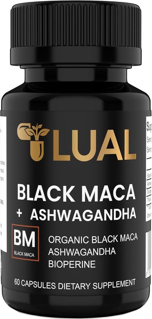 LUAL 30.000mg 30x Strength Organic Black Maca Root mit Ashwagandha - Höchste Potenz Black Maca Root Capsules für Herren - 100% Pure Maca Peruana Powder Organic, Gelatinized, Non-GMO - 60 Pillen