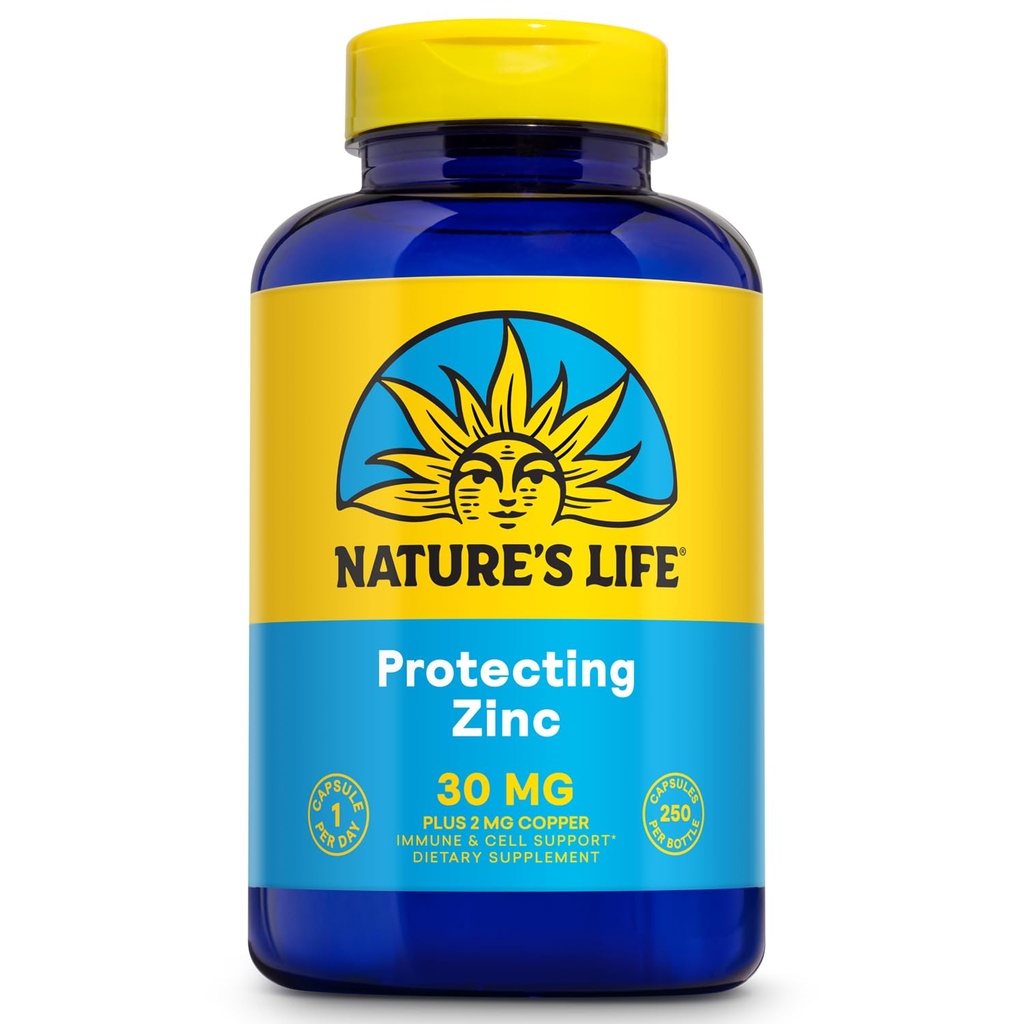 Nature's Life Zink Picolinate 30mg Plus 2mg Kupfer - Chelated Zink Supplement für Immun, Herz-Kreislauf, Haut, Zellfunktion und Muskelunterstützung - 60-Tage-Garantie - 250 Portionen, 250 Kapseln