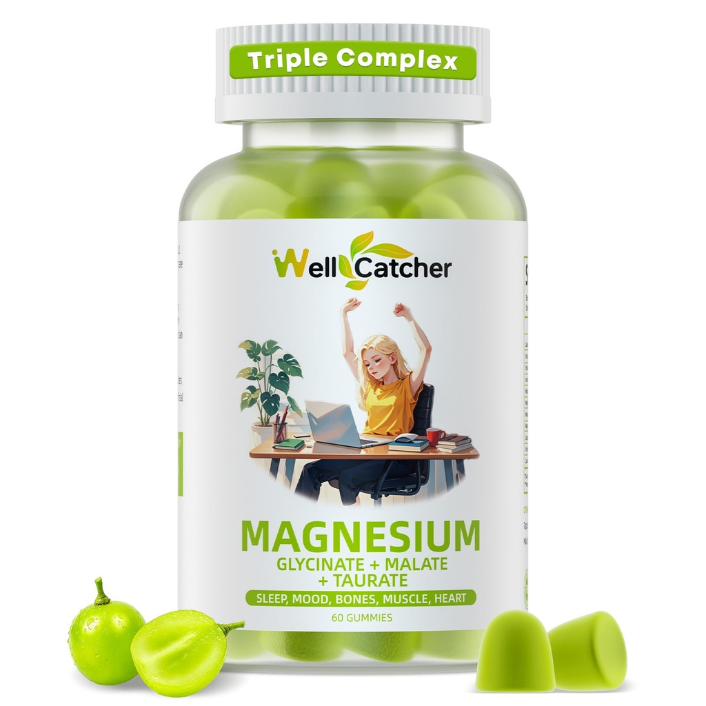 Magnésium complexe Gommies pour adultes: Supplément triple Magnésium avec Magnésium Glycinat Malate Taurat pour hommes Femmes Soutien Sommeil Mood Bones équilibrés Muscle Santé Sans sucre Bio 60CT