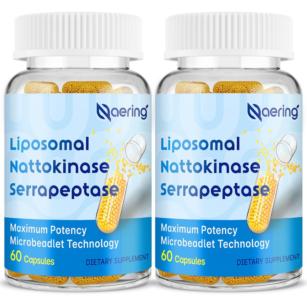 Liposomale Nattokinase 12.000 FU Serrapeptase 360.000 SPU Enzymergänzung - angereichert mit synergistischen Enzymen und Nährstoffmischung & Inulin für Zirkulation, Gut, Digestion 60 Kapseln (2 Flasche)