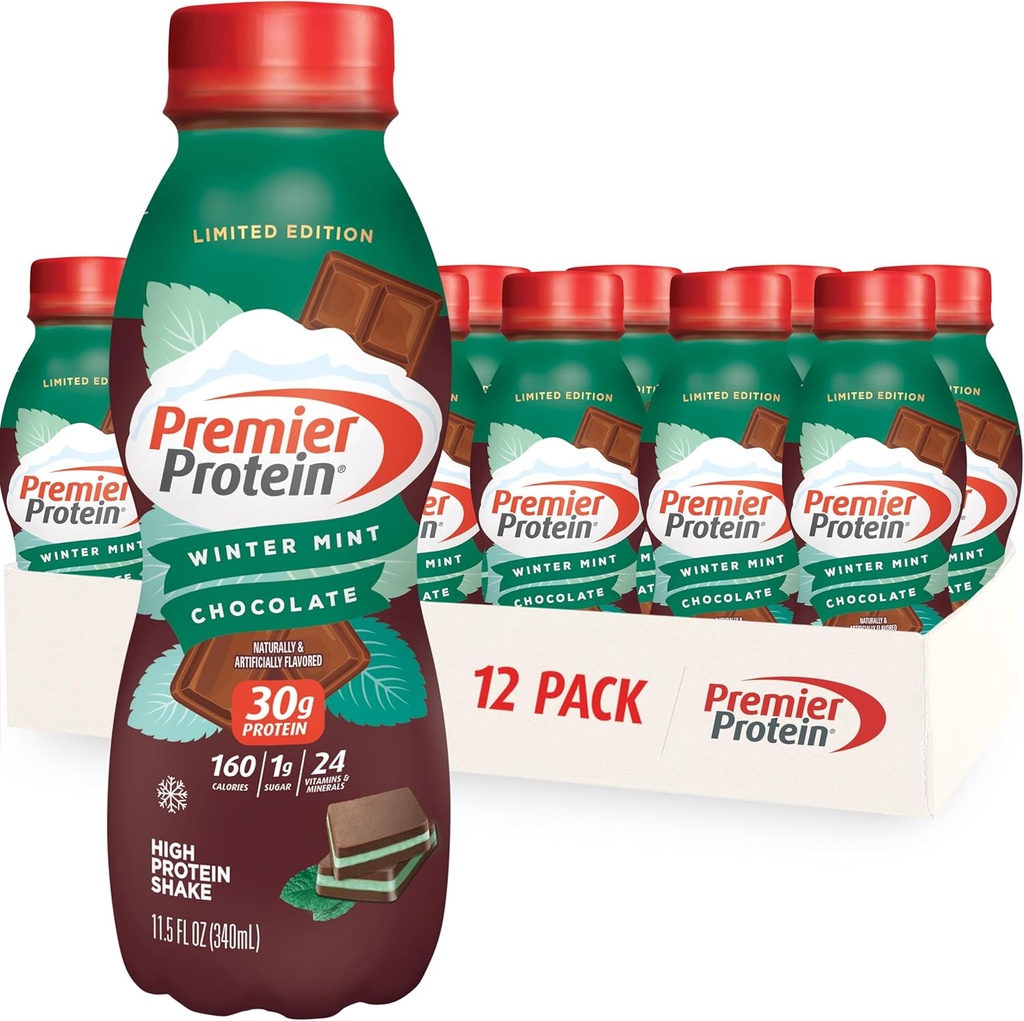 Premier Protein Shake, Limited Edition Winter Mint Chocolate, 30g Protein, 1g Zucker, 24 Vitamine & Mineralstoffe, Nährstoffe zur Unterstützung Immungesundheit, 11,5 oz, 12 Pack