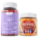 1Pack Saffron-Ergänzungsgummis 100% reine Saffron-Extrakt Ganze Kräuter-Gummi + 2P Vegan Eisen-Gummi-Ergänzung mit Vitamin C, B12, Folate & Turmeric