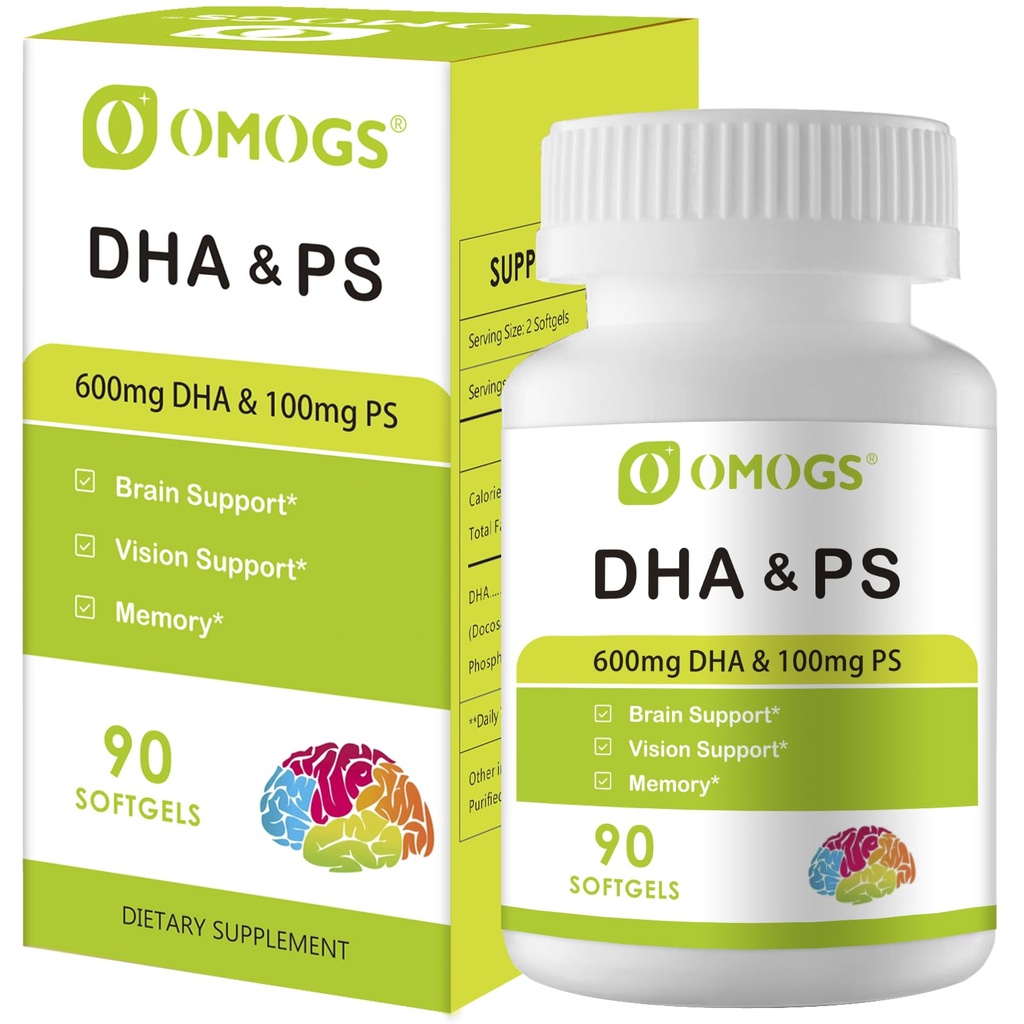 OMOGS Algae DHA - 600 mg Omega-3 DHA Softgels, avec Phosphatidylsérine et huile de noix, soutient la fonction cérébrale saine, la vision, l'oeil et la mémoire, sans gluten, huile d'algues végétales non OGM, 90 Softgels