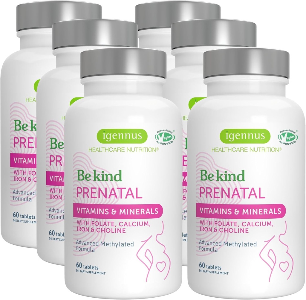 Igennus Méthylé Multivitamine prénatale pour les femmes, Folate pour MTHFR, Haute absorption, Pure et propre, Fer doux, Choline, Calcium et magnésium, Vitamines de grossesse végane, Halal, Non-OGM, 60 comprimés x 6