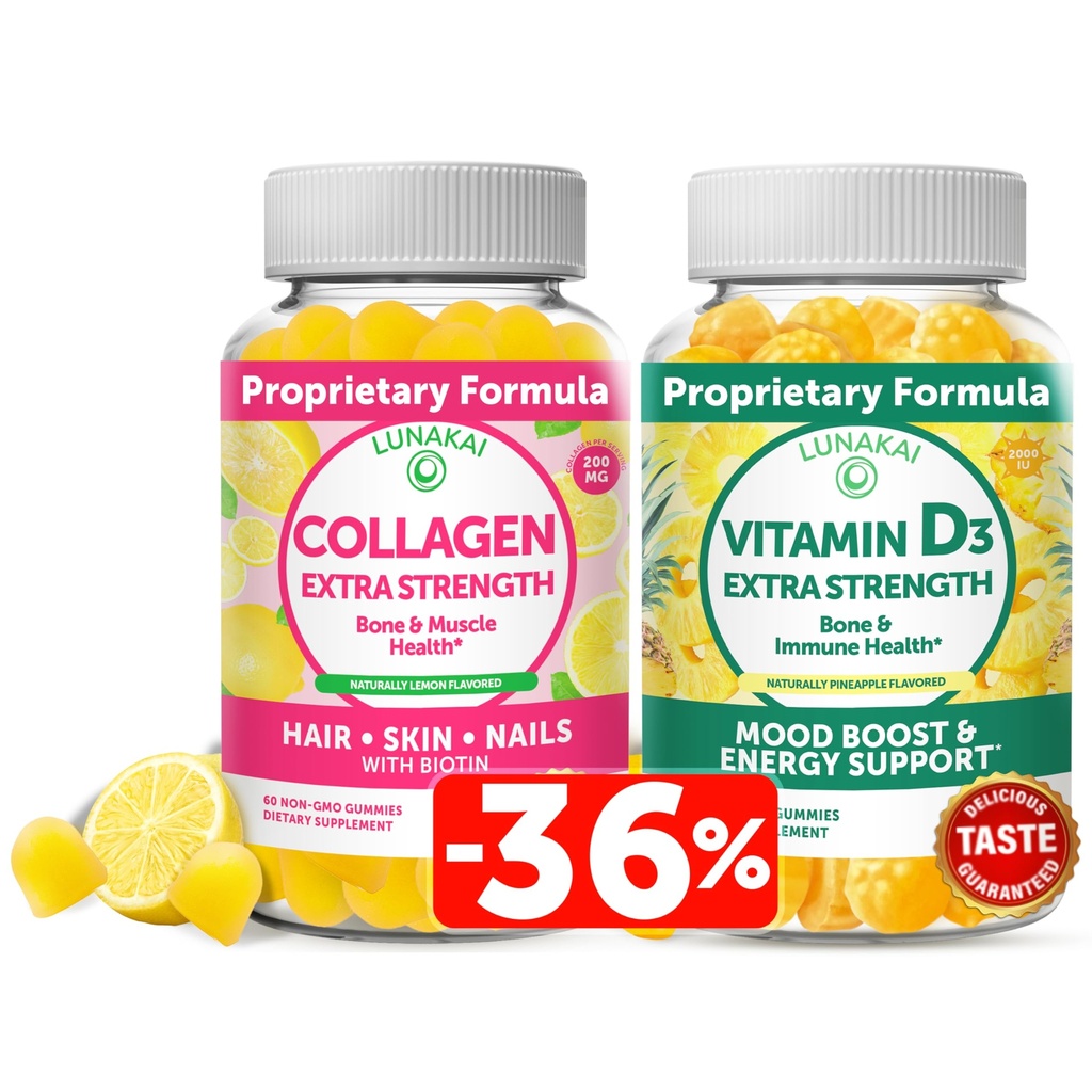 Lunakai Collagen and Vitamine D3 Gummies Bundle - Suppléments anti-vieillissement non-OGM pour les hommes et les femmes - Immunity, Bone and Mood Support Gummy pour les adultes - 30 jours d'approvisionnement