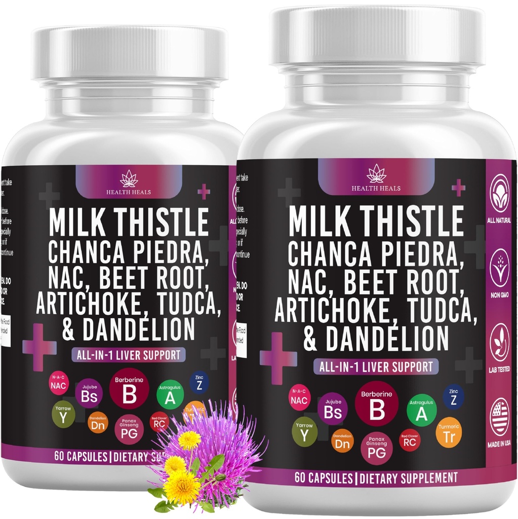 Lait Thistle NAC Chanca Piedra Racine de betterave Artichaut Racine de dandelion - Supplément hépatique Plus Astragalus TUDCA Choline & Ginger- 120 Compte