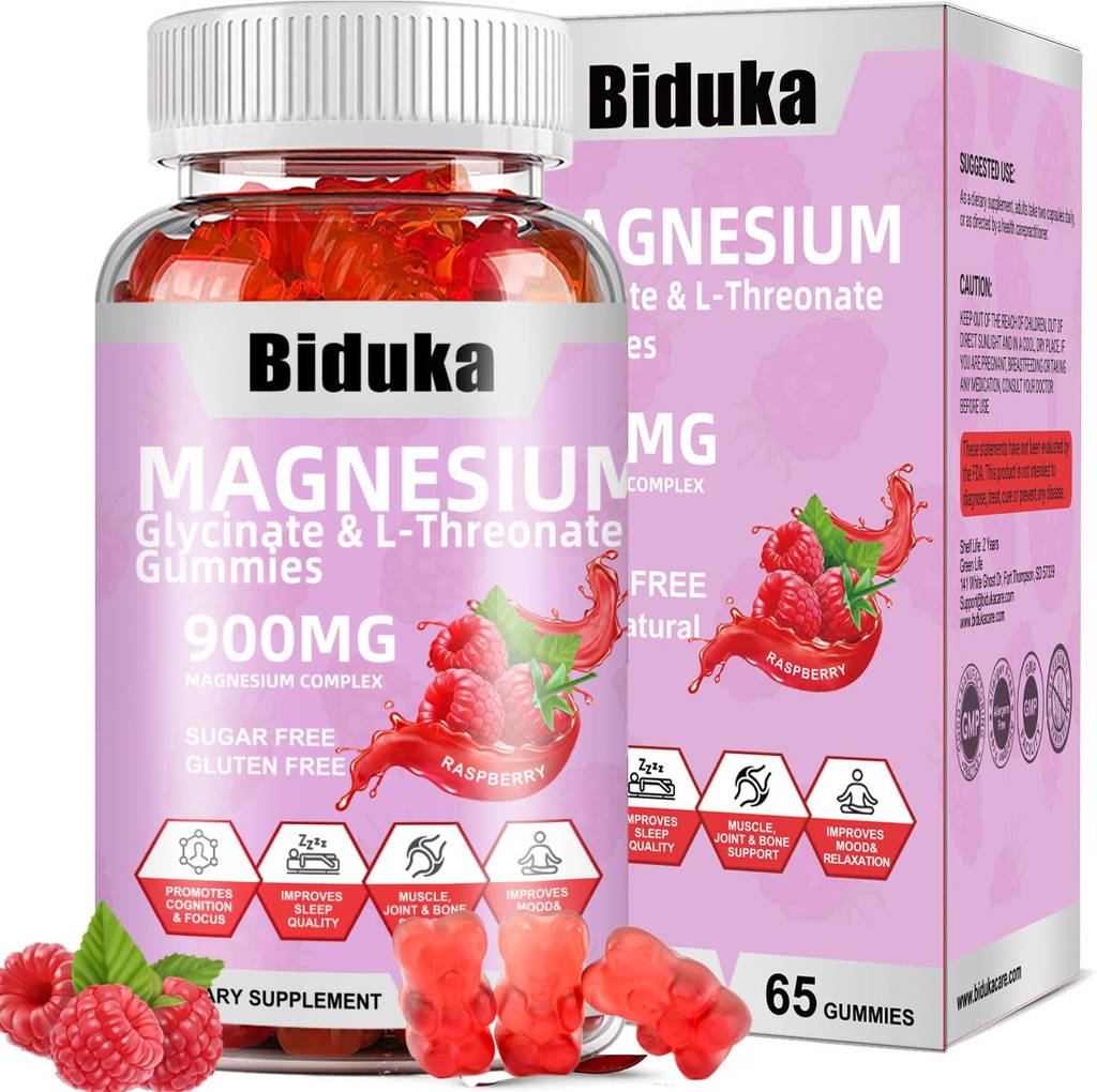 900mg Magnesium Complex 65 Himbeergummis, Zuckerfreies Magnesium Glycinat & L-Threonat Kaliumergänzung mit Vitamin D, B6, CoQ10 zur Entspannung