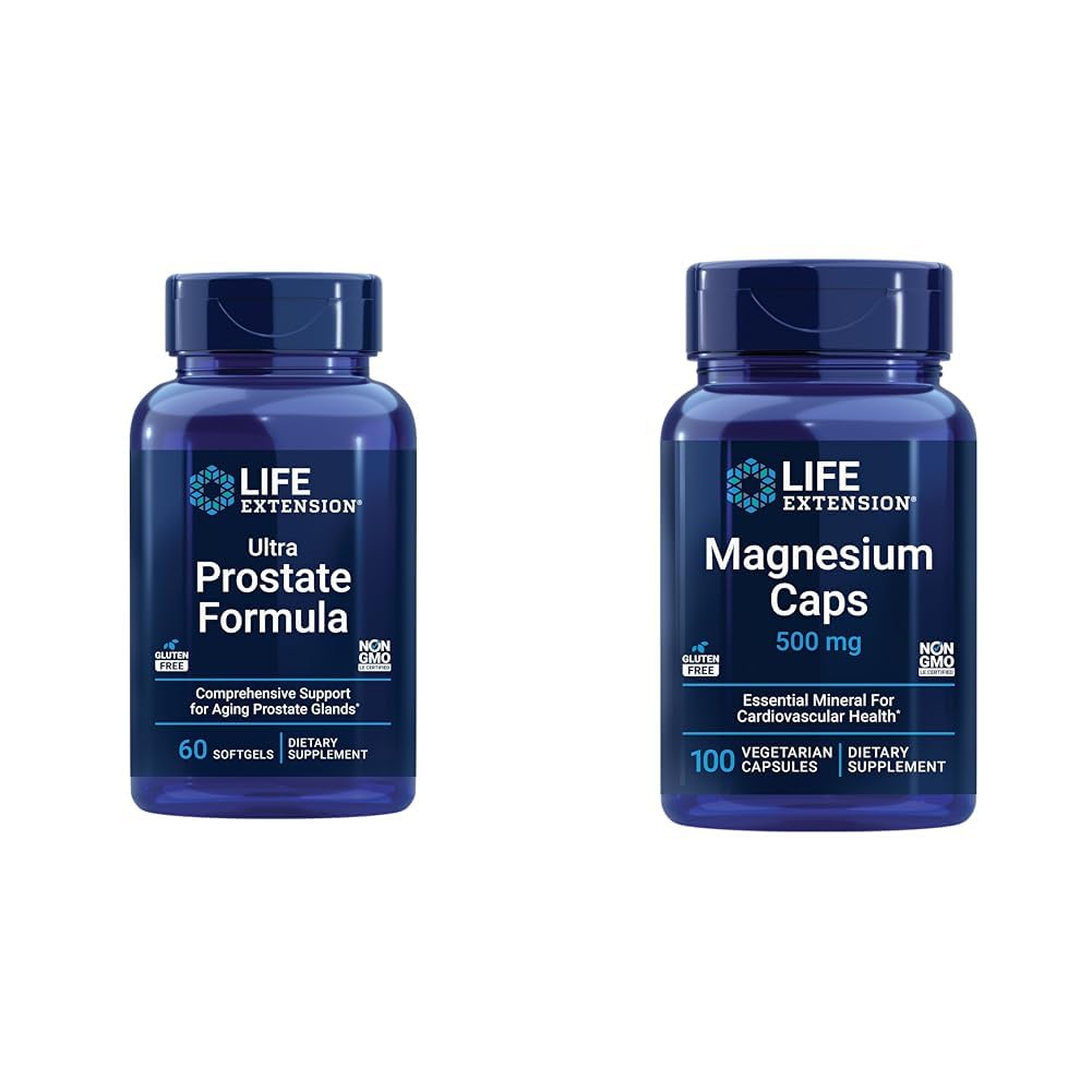 Life Extension Ultra Prostate Formula & Magnesium Caps, 500 mg, Magnesiumoxid, Citrat, Succinate, Herzgesundheit, Gesunde Knochen, Stoffwechselunterstützung, 100 vegetarische Kapseln