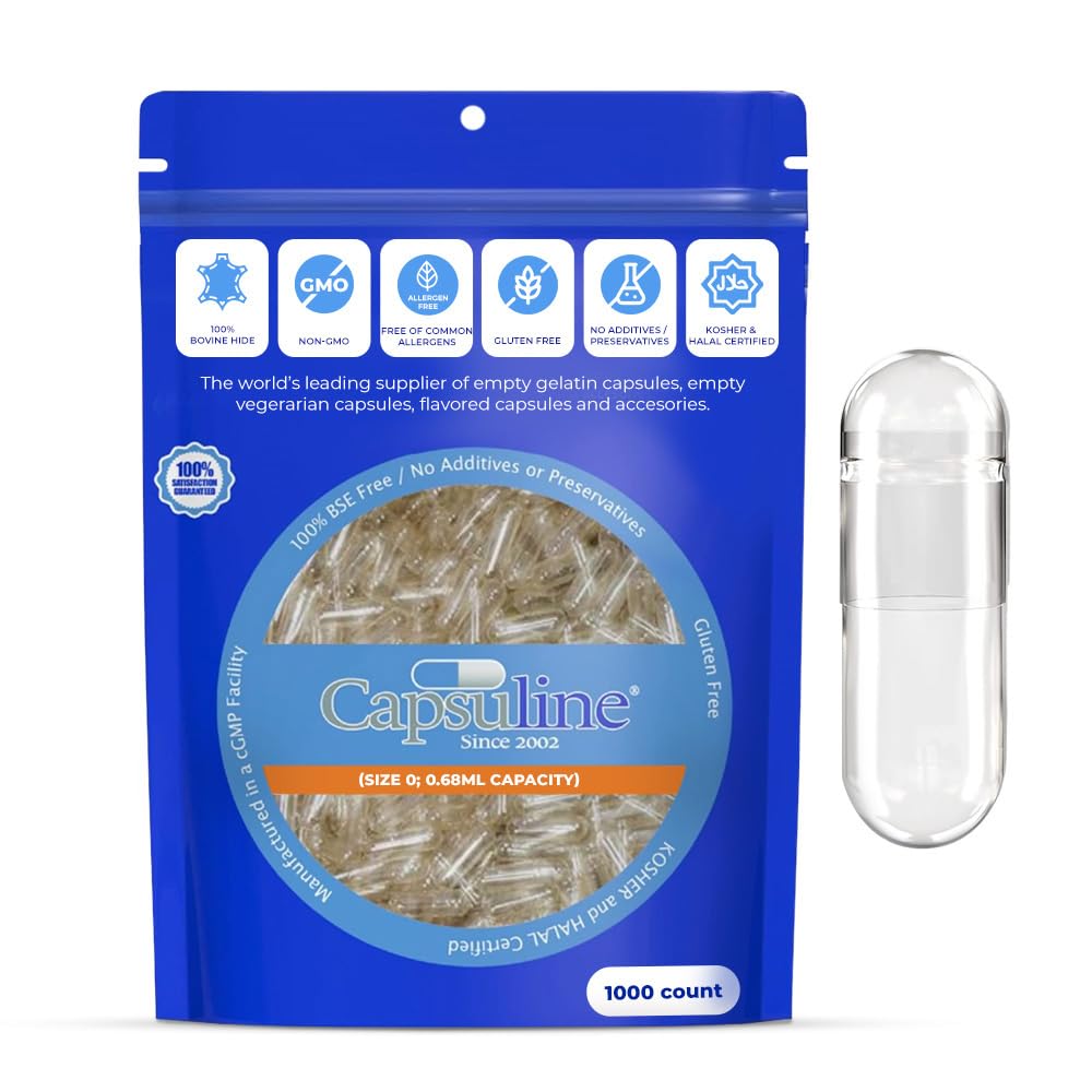 Capsuline Größe 0 Leere Gelatine Kapseln, Klar - 1000 Graf | Glutenfrei, Kosher, nicht-GMO zertifiziert | Pure Bovine Pillen Caps für DIY Ergänzung Füllung