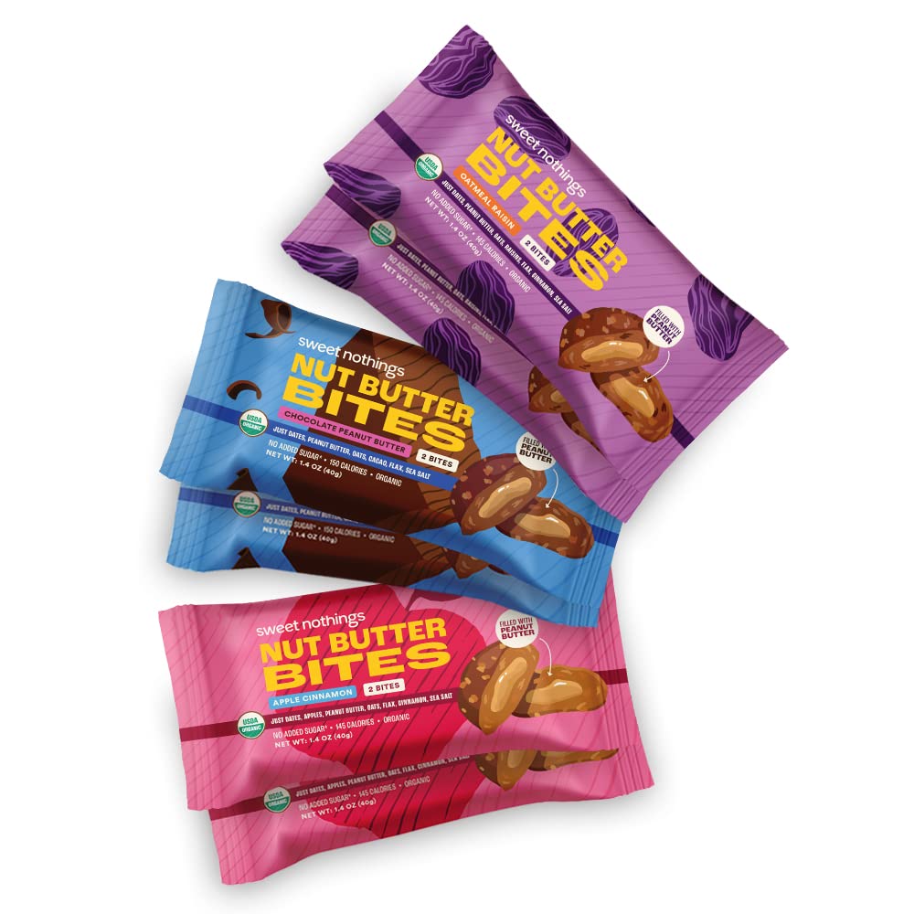 Sweet Nothings, Variety Pack: Schokolade, Apfel Zimt und Oatmeal Raisin, USDA Organic Nut Butter Bites Protein 6-2 Bite Value Packs (2 von jedem Geschmack) - No Added Sugar