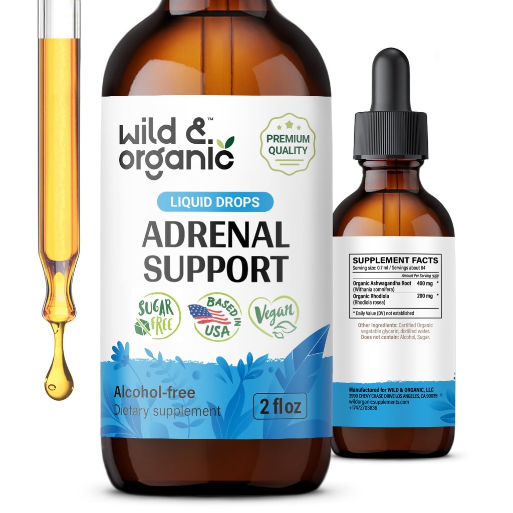 Wild & Organic Adrenal Support Tincture for Positiv Outlook - Adrenal Complex mit Ashwagandha, Rhodiola Rosea Root - 1-Monats-Versorgung - Vegan, kein Zucker & Alkohol - 2 fl oz