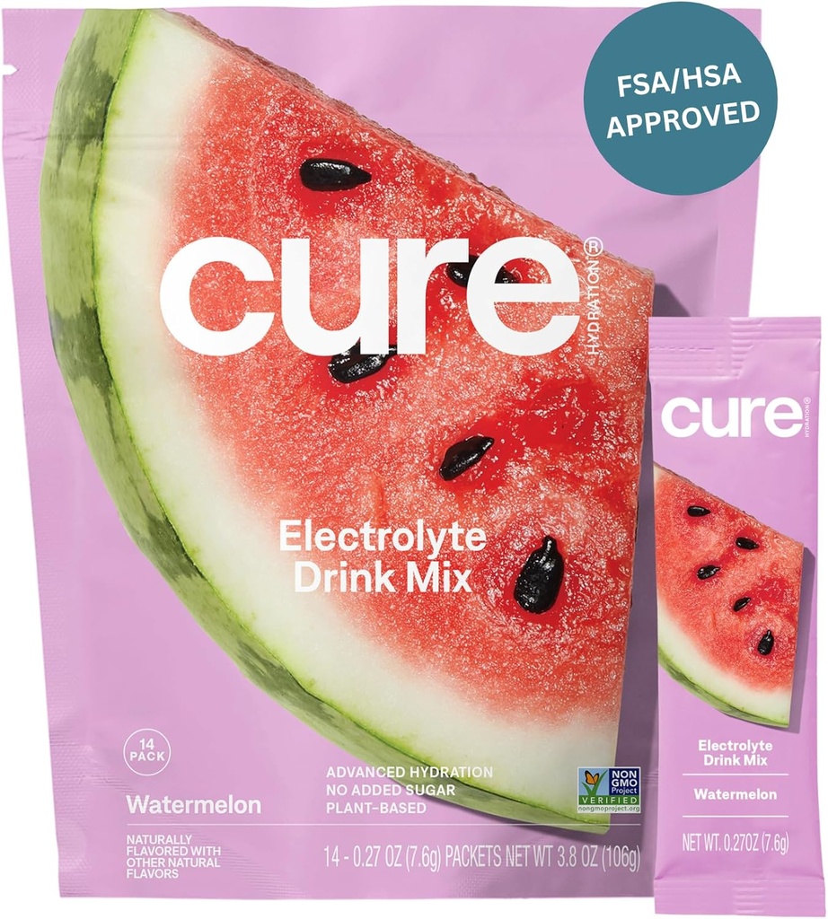 Cure Hydration | Pflanzenbasierte Elektrolyt-Getränk-Mix | Kein hinzugefügter Zucker | FSA-HSA | Dehydratation Relief Pulver mit Kokoswasser hergestellt | Non-GMO | Vegan | Beutel von 14 Packungen - Wassermelone