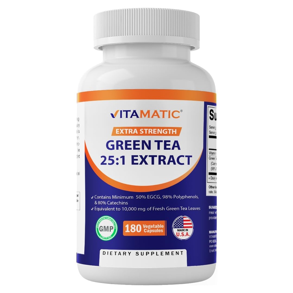 Extrait de thé vert vitamatique avec vitamine C, concentré 25X, 98 % de polyphénols, 80 % de catéchines, 50 % d'EGCG, 180 gélules